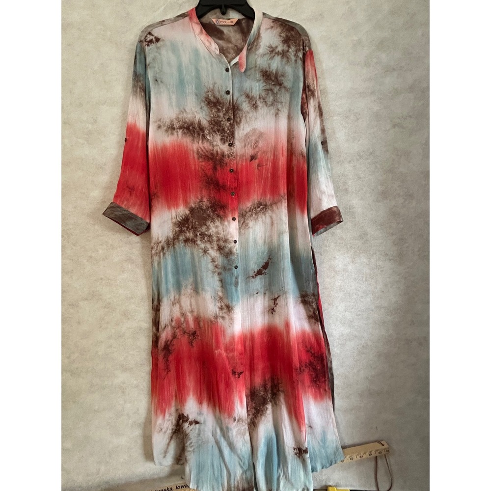COOL nx Tie Dye Button Front Maxi Dress 3XL Red Blue Brown Smocked Back Duster